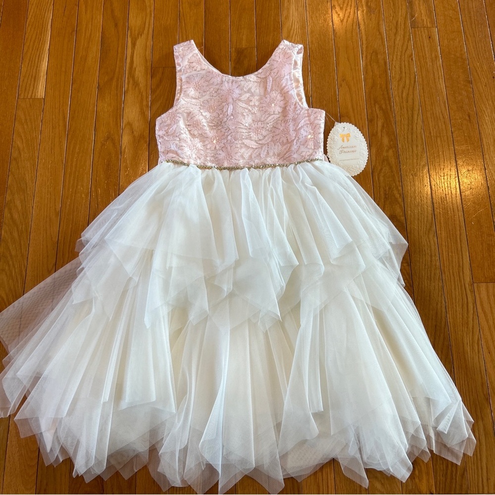 American Princess Pink Floral Sequin Top Ivory A-Line Dress Girls Sz 12